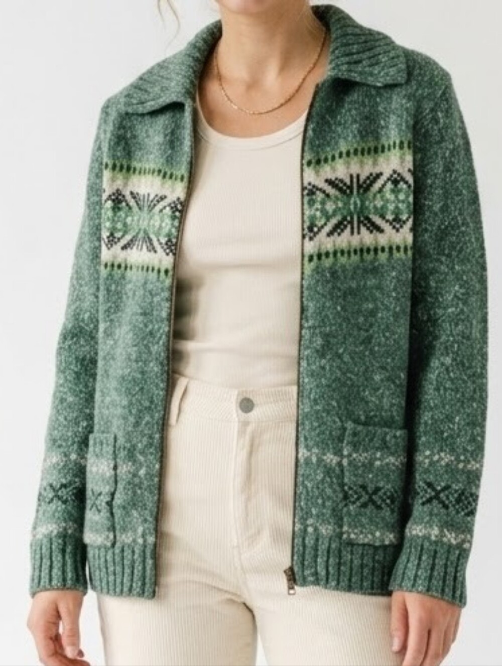 Woolrich Vintage Wool Blend Full Zip Cardigan Spruce Nordic Elbow Sleeve Large